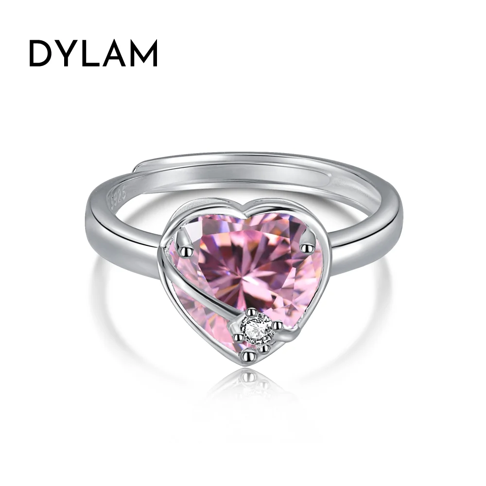 

Dylam 925 Sterling Sliver Adjustable Vintage Cute Pink Heart Shaped Cubic Zirconia Rings Iced Out Ring Heart Charm For Girls