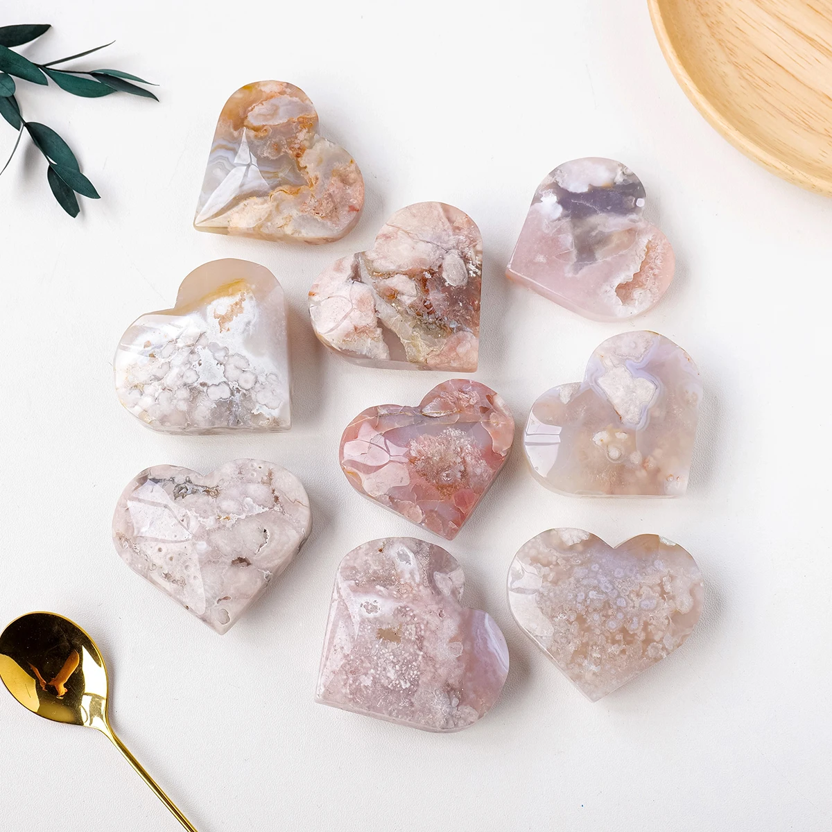 

Wholesale natural crystal palm stone cherry blossom agate heart for decoration