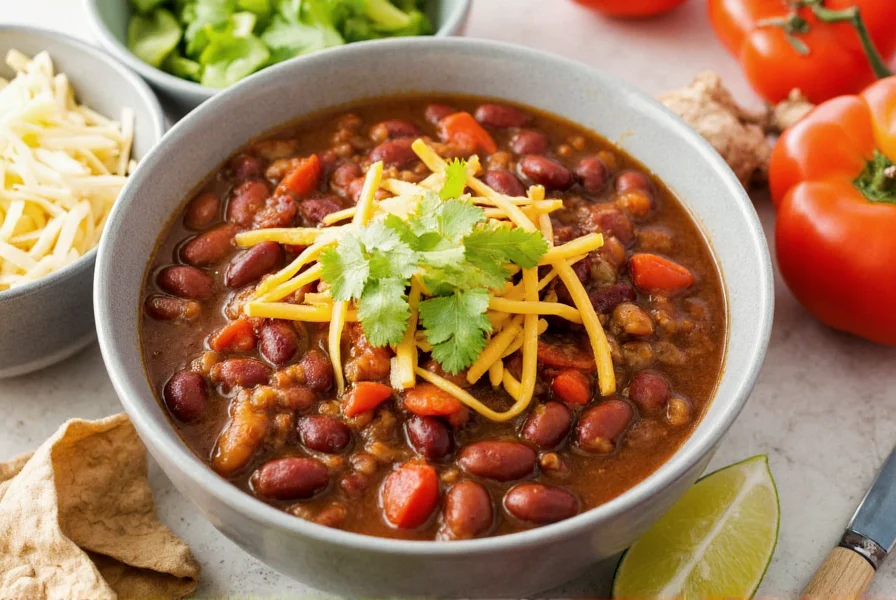 Serving suggestions for chili beans including toppings like cheese, cilantro, and lime wedges arranged attractively around a bowl of steaming chili beans