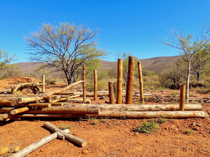 Reclaimed wooden poles arranged for DIY pole barn construction