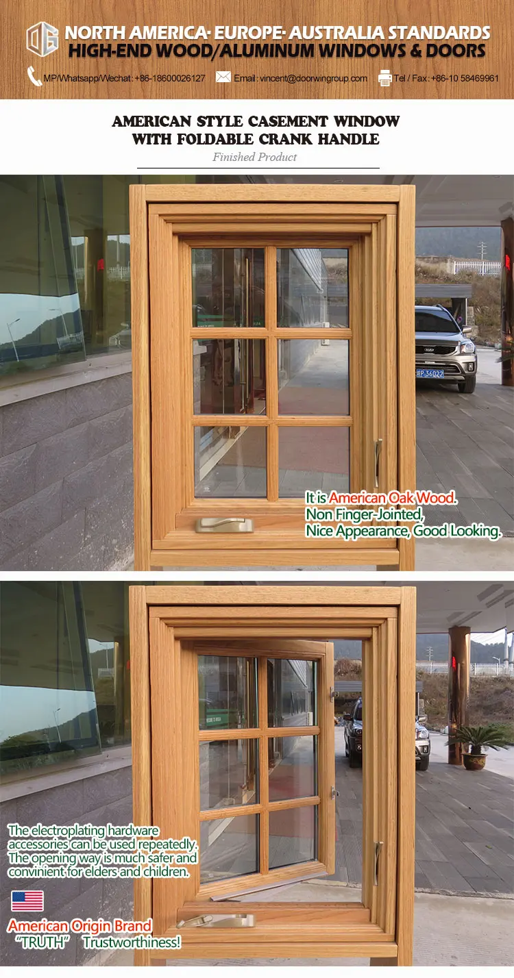 American anti-theft aluminium solid wood windows crank open casement windows