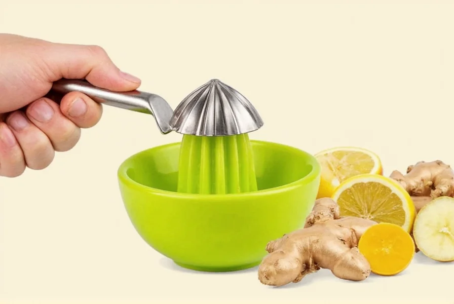 Glass jar containing freshly extracted ginger juice next to ginger root and juicer