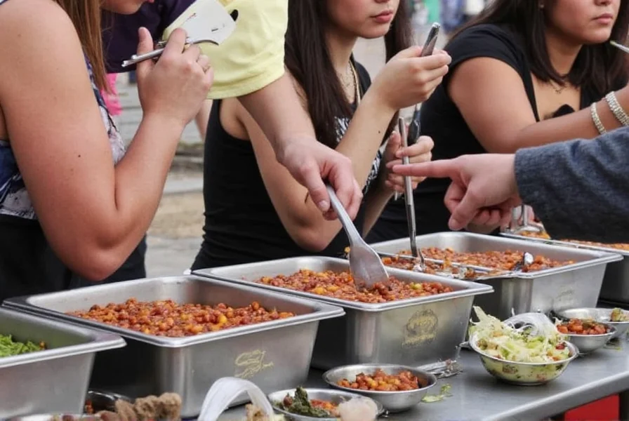 Professional chili cook-off competition with judges sampling from multiple entries in stainless steel containers