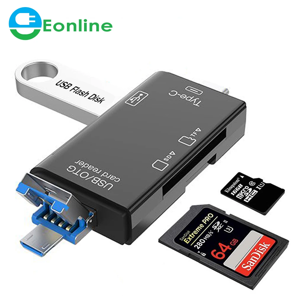 

EONLINE 6 in 1 Type c Micro USB Portable SD Memory Card Reader Adapter for SD TF Cards Adapter with OTG Function for PC Laptop