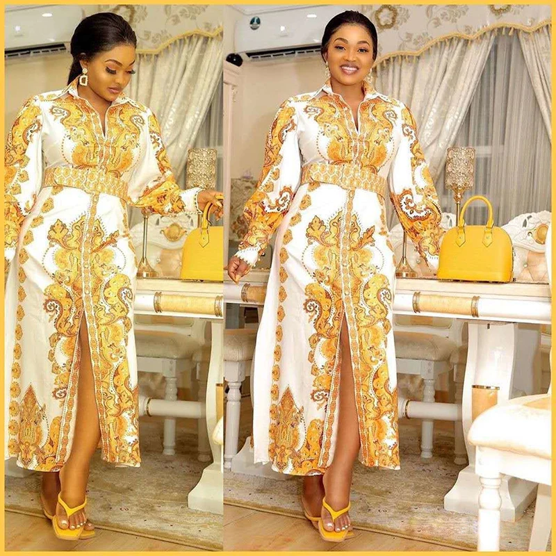 

Luxury Cut Out Pencil Print Long Sleeve Split Maxi African Dress Styles For Women