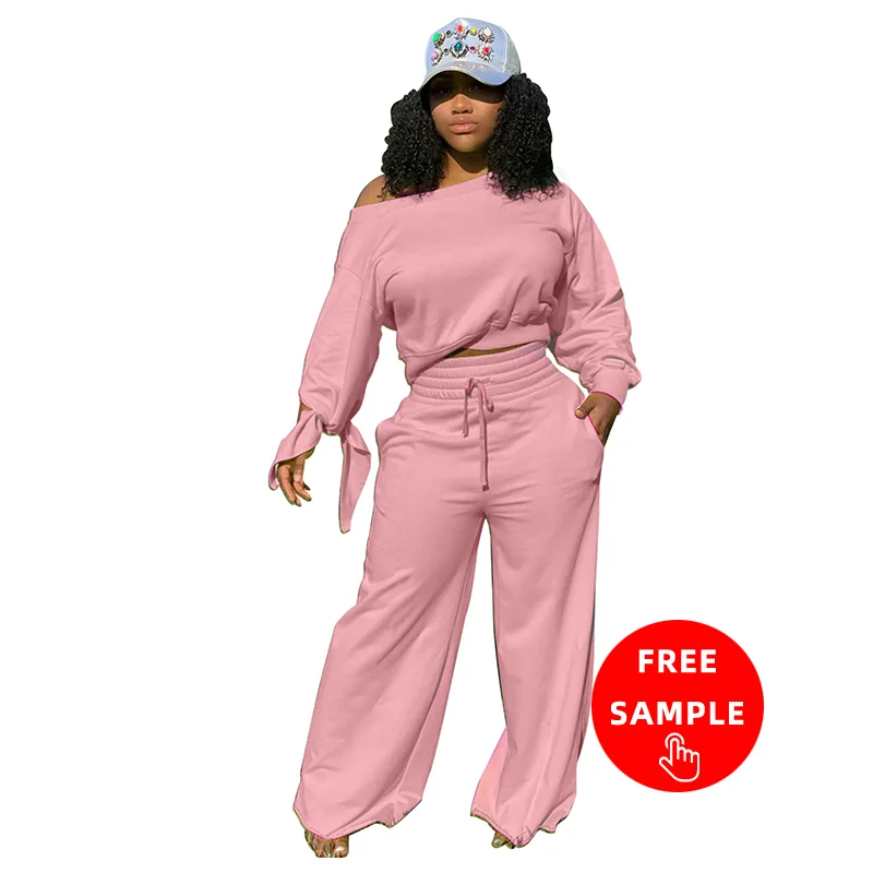 

2021 FALL Women's 2 Piece Outfits Casual Solid Sweatsuits Baggy Long Sleeve Loose Matching Wide Leg Tracksuit Pants Sets