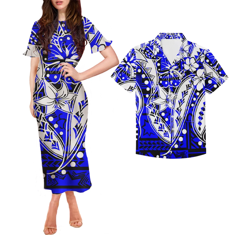 

2021 New Arrivals Women Dress High Quality Hawaii Polynesian Tribal Printed Plus Size Women Ruffle Sleeve Dress Match Men Shirt, Customized color