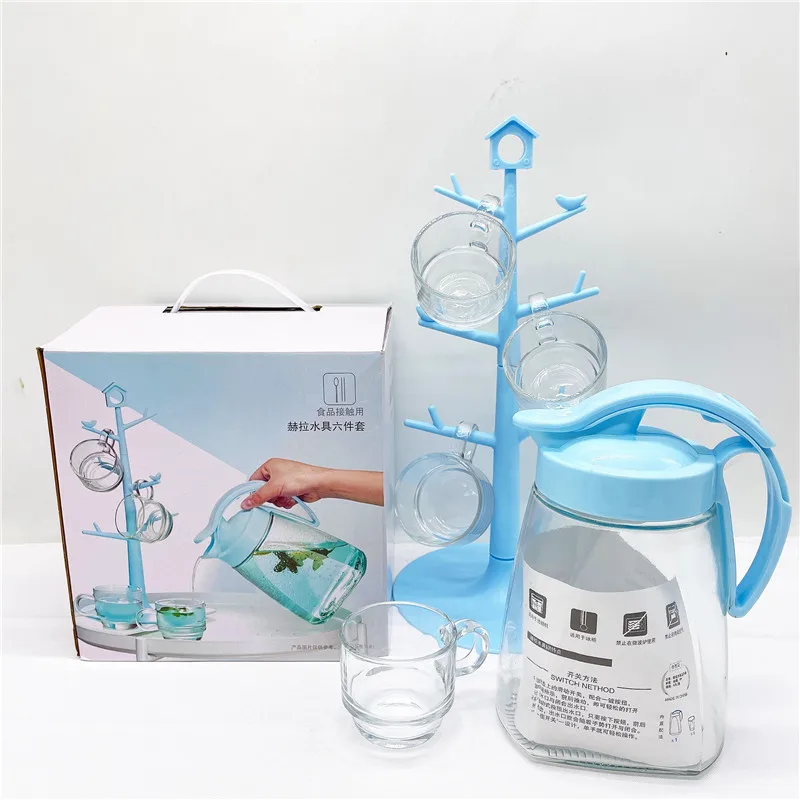 

China professional manufacture cartoon kettle and crystal cup with shelf 6pcs set, Blue