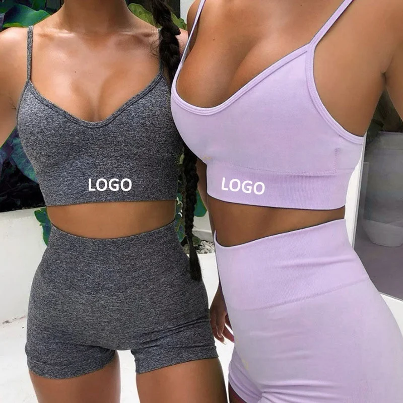 

2021 Summer White Custom Logo Two Pieces Cropped Women Gym Clothing Sports Bra And Yoga Shorts Set