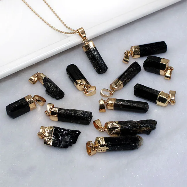 

Black Tourmaline Pendant Natural Black Tourmaline Rough Stone Electroplating Necklace Necklace