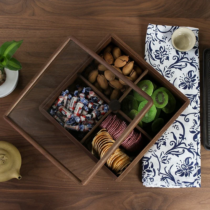 

Black walnut candy box vintage glass nut snack storage box