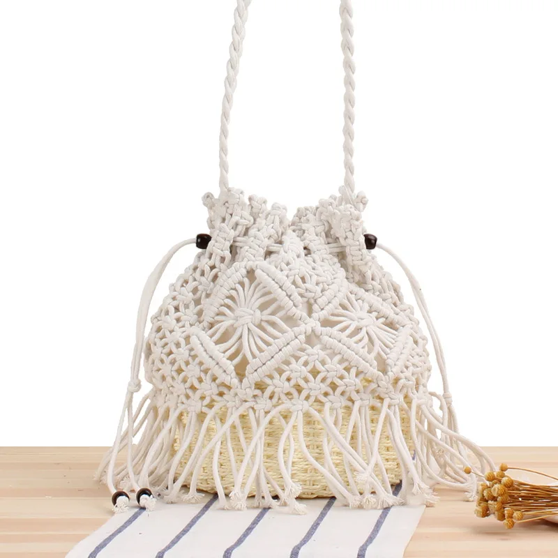 

Tassel bucket woven bag handmade stitching hollow crossbody straw woven holiday beach bag