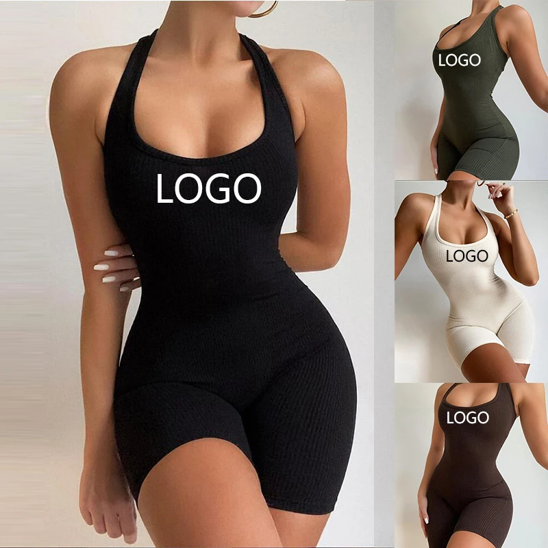 

rib kni Striped Sports Workout Jumpsuit Rompers Women Active Wear Backless Playsuit Athleisure Biker Short Women Boydsuit