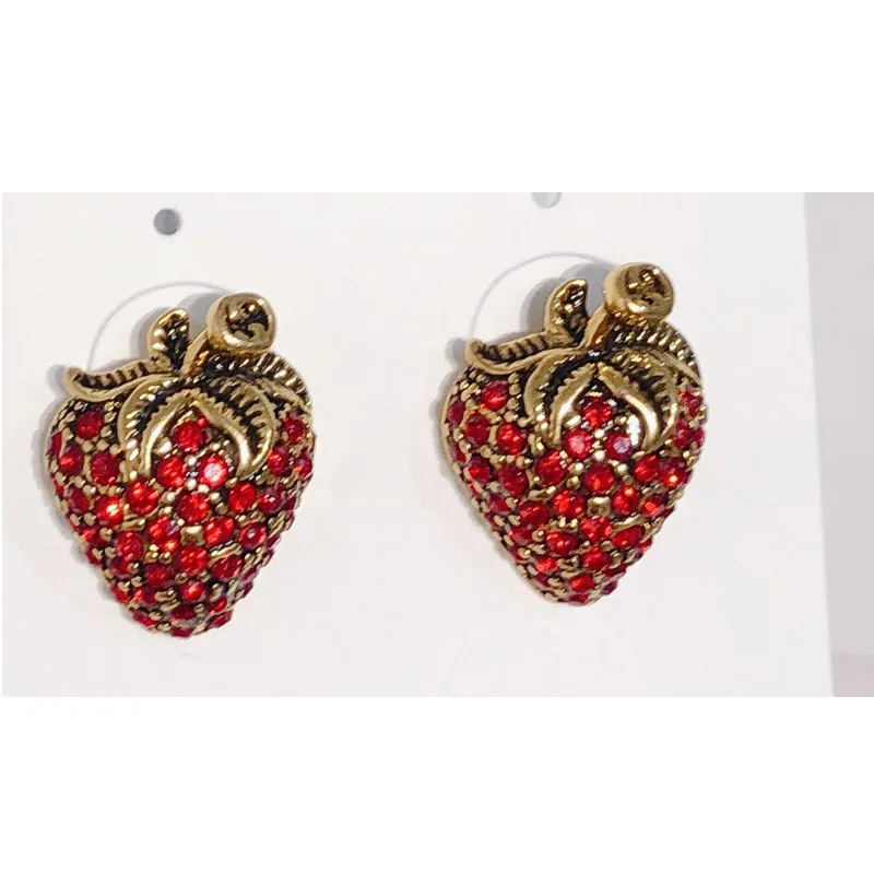 

S925 Silver Pin Stud Strawberry Earring Girls & Women Jewelry Crystal Rhinestone Food Fruit Earrings, As picture