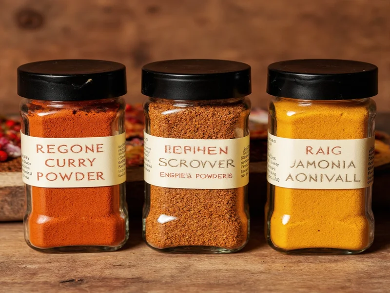 Three regional curry powder variations in labeled jars