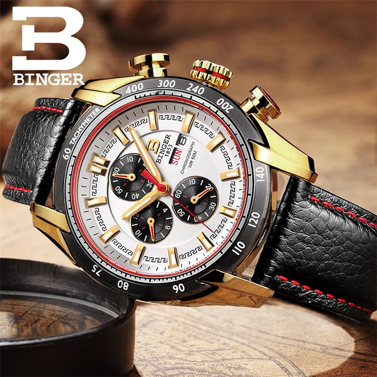 

Binger 1163 P Mens Watches Top Brand Luxury Leather Strap Clock Sport Quartz Watch Men Casual Waterproof Gold Watch Relogio