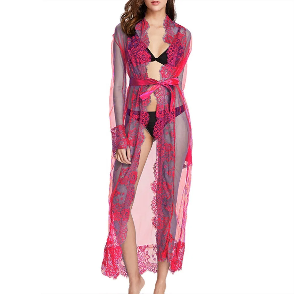 

sfy1987 Popular women long robe transparent lace mesh sexy robe floral nightrobe bathrobe sexy lingerie women's underwear