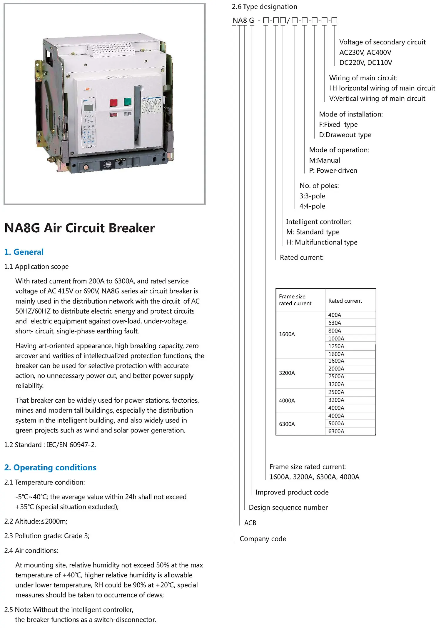 Chint original NA8 NA8G series Air Circuit Breaker NA8G-1600 NA8G-2500 NA8G-3200 NA8G-4000 NA8G-6300 CHNT ACB