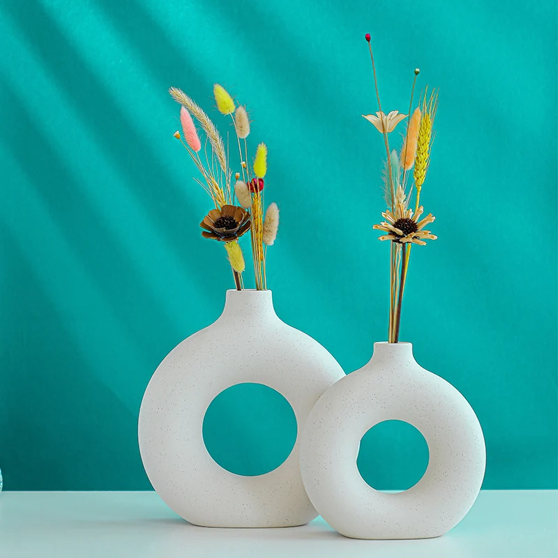 

Nordic Modern Ceramic Vase Donut Flower Pot Home Decoration Accessories Office Desktop Living Room Interior Decor, As photo showed
