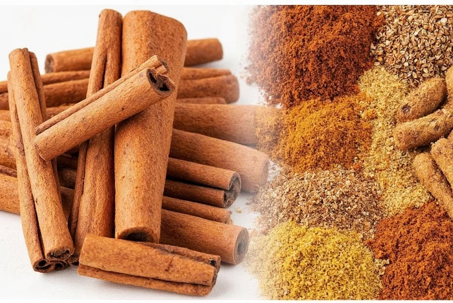 Close-up comparison of Ceylon cinnamon quills versus Cassia cinnamon sticks showing structural differences