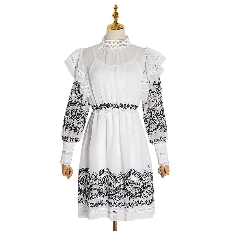 

2020 spring design women casual dress with froal print long sleeve mini dress with water soluble lace and bubble sleeve
