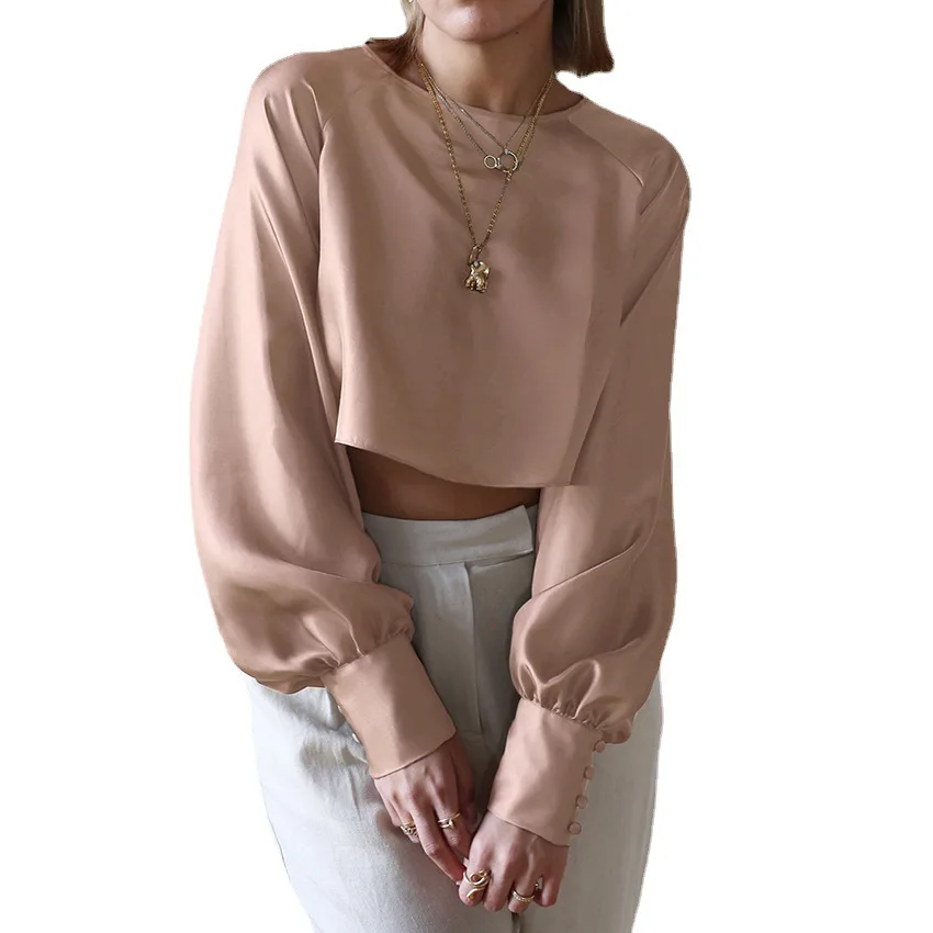 

2021 New Spring Women Simple Loose Elegant Silk Blouses Designs O-Neck Long Shirts Puff Sleeve Crop Tops, Shown