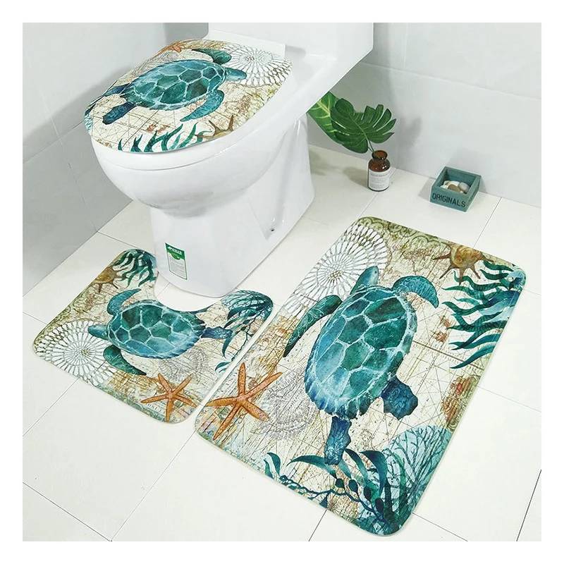 

Turtle octopus printing toilet floor mat three-piece bathroom non slip mat set