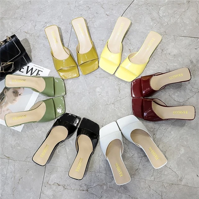 

2021 Summer New Women's Square Toe Open Toe Mid-heel Sandals Slides Slippers for Women, Different colors and support to customized