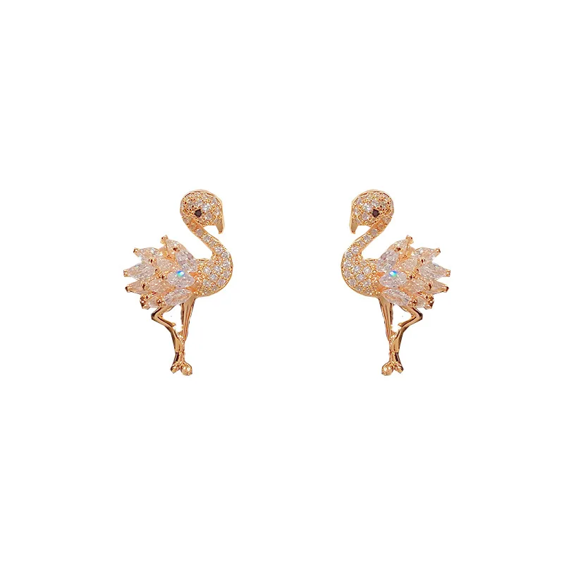 

Korean Style Real Gold Plated Animal Bird Flamingo Stud Earrings For Women CZ Stone Girls Earrings