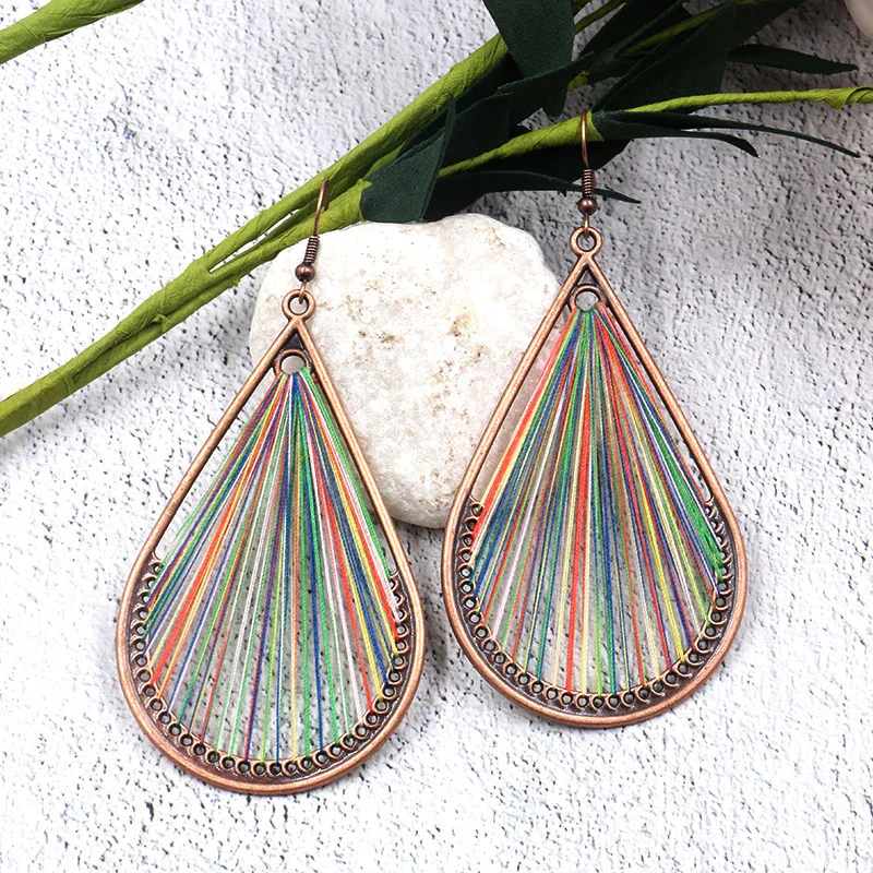 

5 colors Women Wedding Party Accessories Bohemian Ethnic Bronze Water Drops Cotton Fringe Tassel Long Drop Dangle Earrings, Colourful