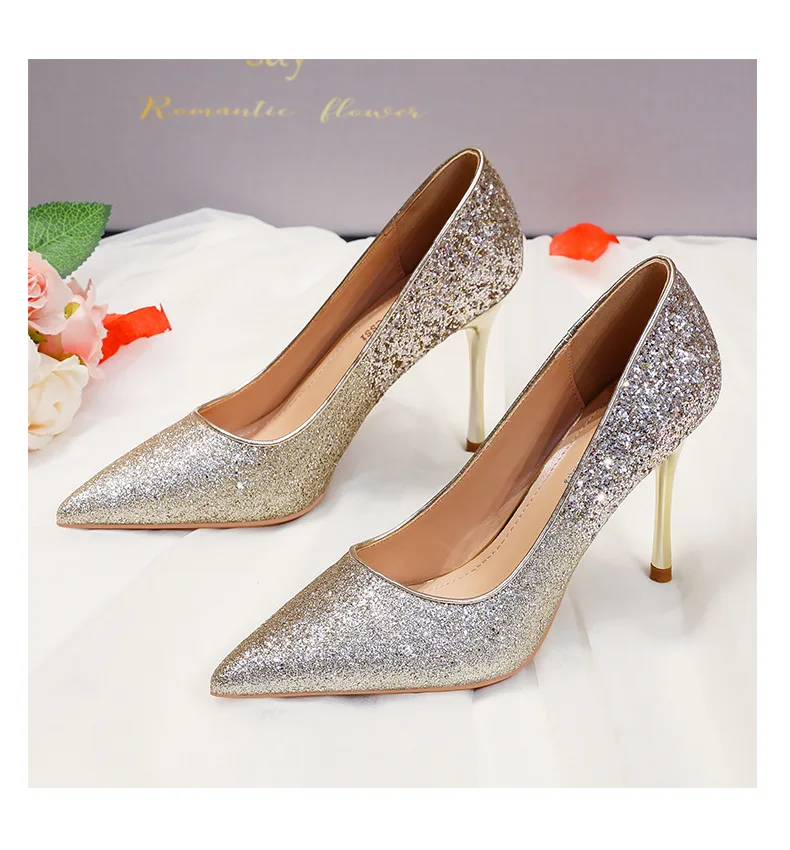 

Hot Sell Sexy Bling Womens Sequin Heels Gold Bridal Wedding Shoes For Lady