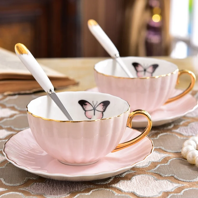 Spanish style ceramic pink tea cups and saucer porcelain mini coffee mugs for birthday gift