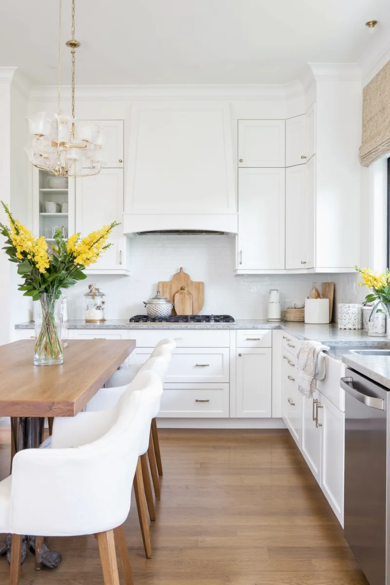 Kitchen with glossy upper and matte lower white cabinets