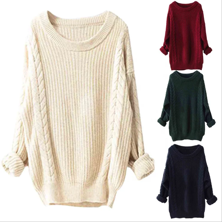 

Ladies' Loose Spring Autumn Winter Big Round Neck Long Sleeve Linen Pattern Plus Size Warm Pullover Knitted Sweater Estacionar, 4 solid colors as shown