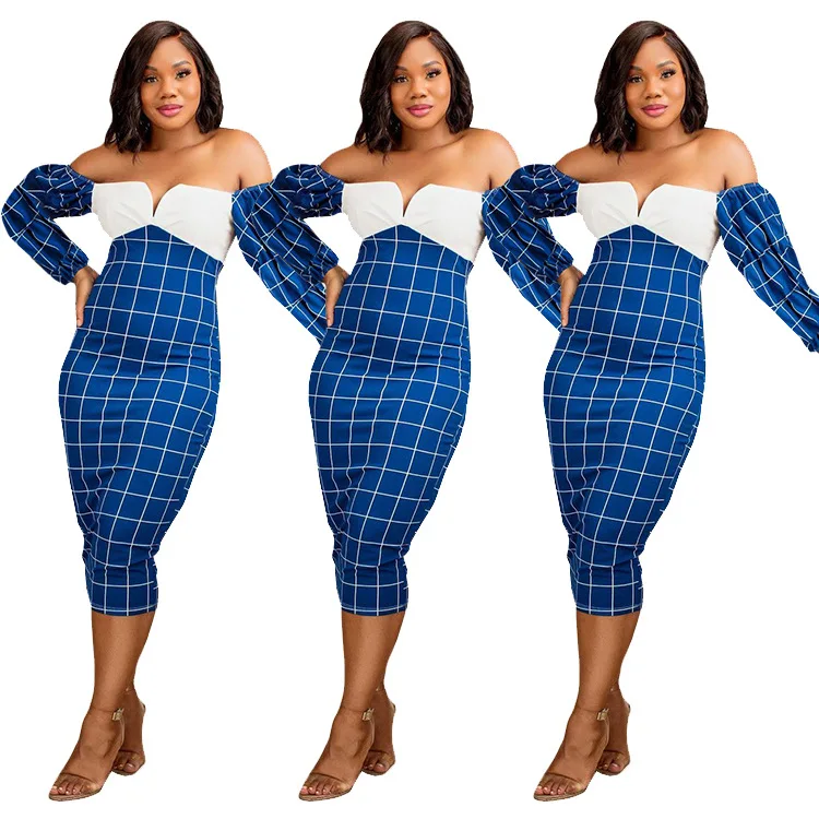 

Sexy Patchwork Plaid Printed Fall Clubwear Long Skirts For Women Casual Bodycon Blue Prom Dresses 2021, Picture color