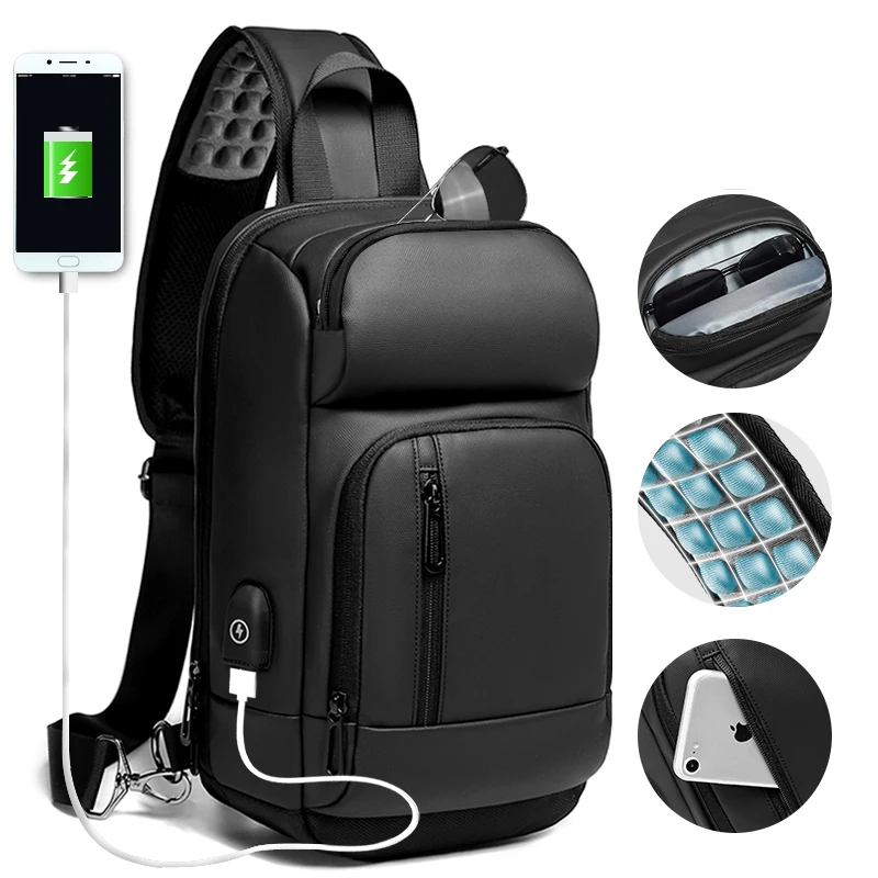 Customizable PVC Chest Bag with USB Charge Port Small Crossbody Anti-Theft Sling Backpack for Men Customizable Logo