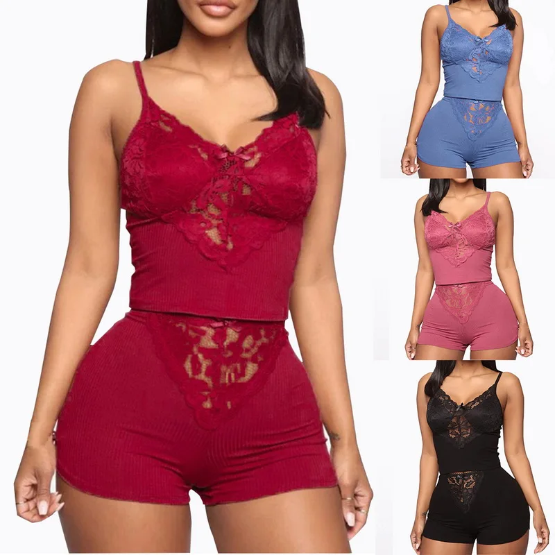 

Womens Soft Lingerie Pj Lounge Sets Sleeveless Ribbed Nightwear 2 Piece Lace Sleepwear Pajamas, Multi colors