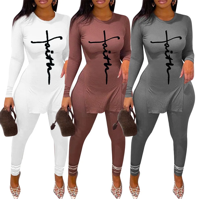 

2022 Ropa De Mujer Longsleeve Round Neck Body Fit Ladies' Blouses Womens Leggings Lounge Wear Plus Size 2 Piece Sets