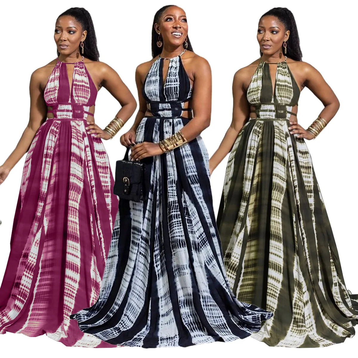 

Hot Selling Fashion Elegant Ladies Big Swing Drawstring Retro Print Evening Dresses Women Long Dress 2021, 3 colors