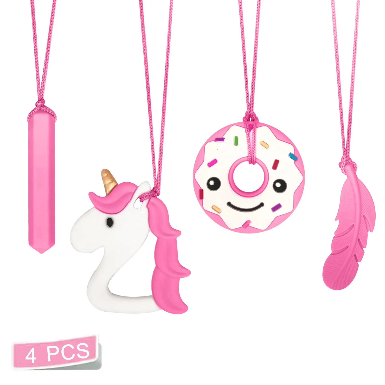 

Custom Wholesale Molar Bpa Free Rainbow Donut Unicorn Safe Silicone Pendant Teether Oral Stim Chew Necklace Toy For Girl Baby