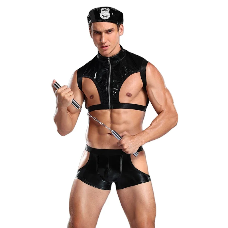 

Wonder Beauty Police Cosplay Sexy Men's Sexy Clothes Corset Patent Leather latex Leather Men's Strong Coat Playing, Black nun costume