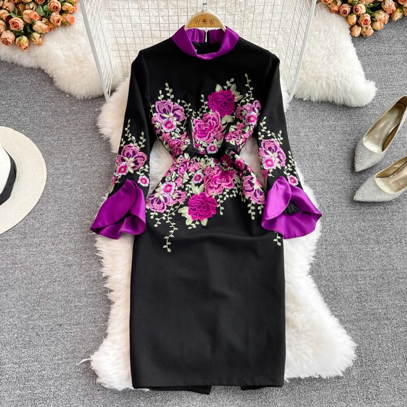 

Spring Autumn New Elegant Long Dress Chinese Embroidery Slim High Waist Dress Mid-Length Stitching Stand-Collar Pencil Dress