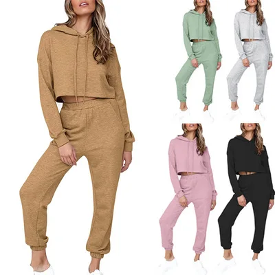 

Custom Logo Cotton Solid Hooded Tracksuit Fall Women Clothes Drawstring Hoodie 2 Piece Pants Set