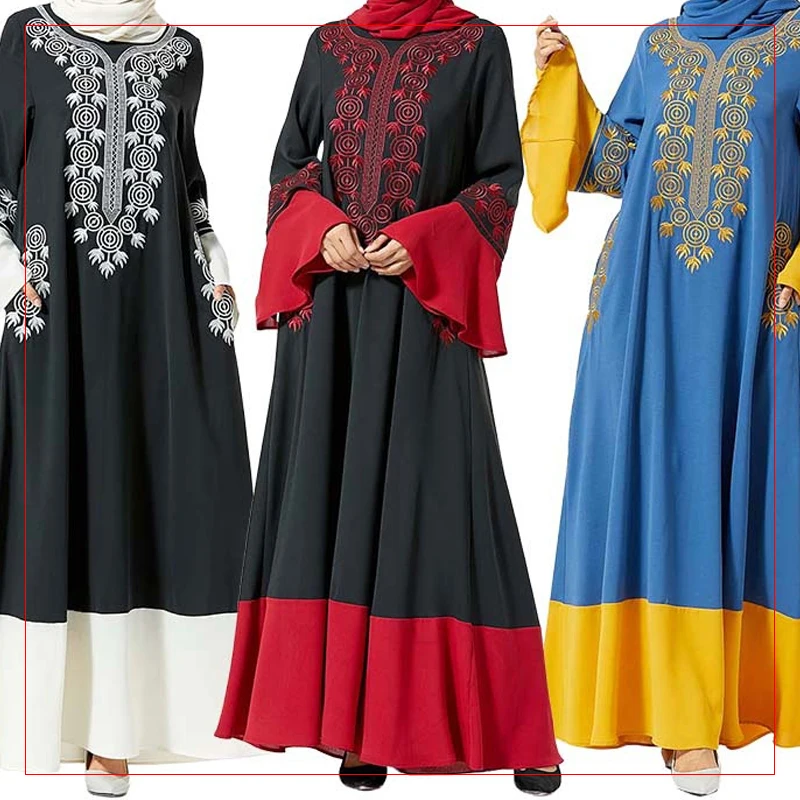 

Middle East Dubai dress fashion abaya women's dress plant embroidered pocket splicing big swing Muslim dress, Picture