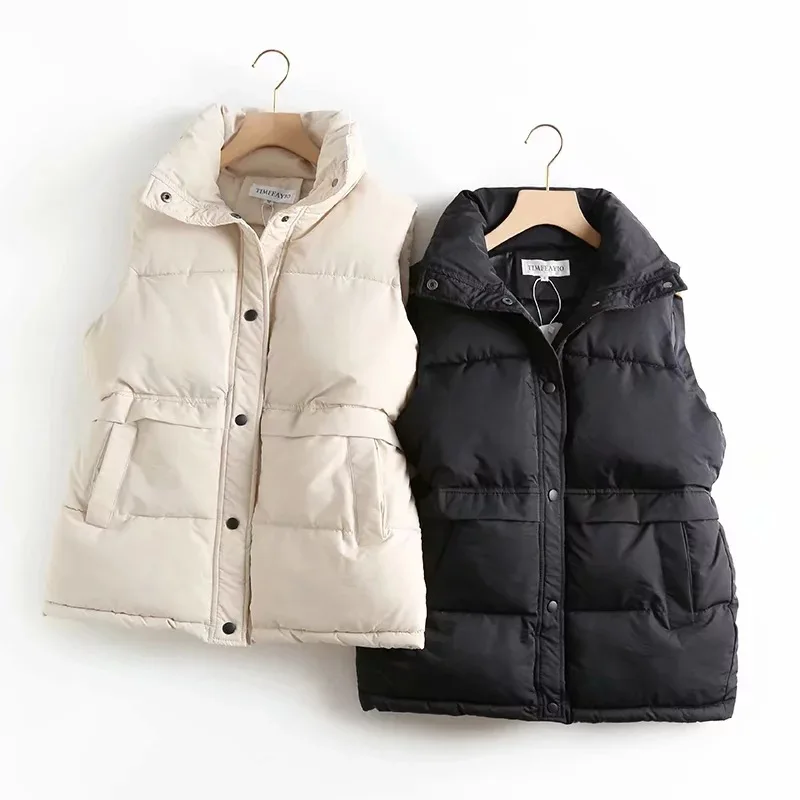 

2022 Autumn Winter Women Padded Solid Loose Sleeveless Stand Collar Oversized Windproof Utility Warm Vest Jacket, Picture