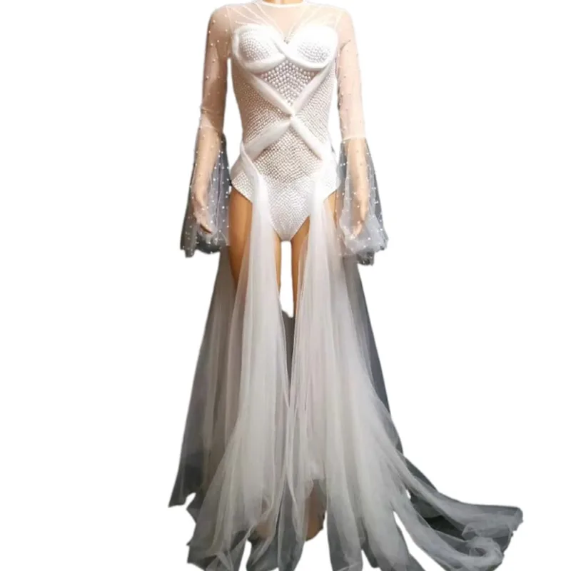 

Designer See Through White Pearls Birthday Wedding Party Dress Jazz Singer Dancer Stage Costume Women Sexy Trailing Prom Dresses