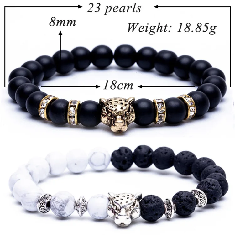 

China Custom Mens Volcanic Rock Bracelets Luxury Nature Stone Animal Leopard Head Bead Lava Stone Couple Bracelet