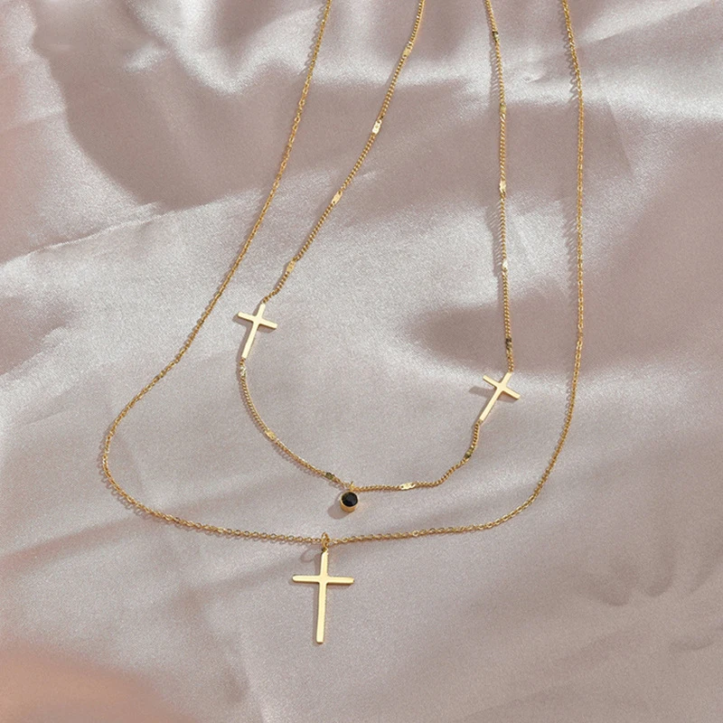 

Simple thin double chains gold stainless steel cross necklace, Gold/steel