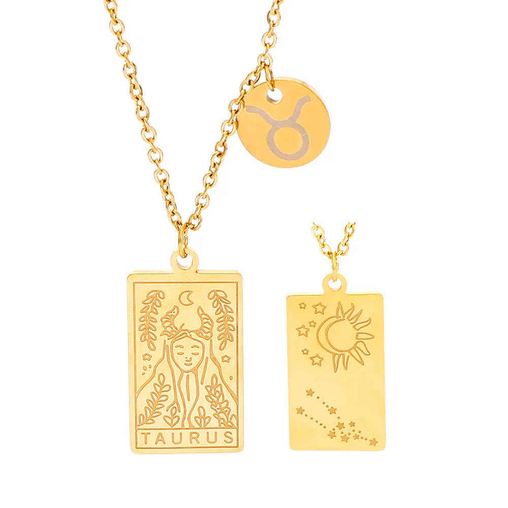 

No fade gold twelve constellations necklaces women stainless steel square enrgaved 12 zodiac sign pendant necklace