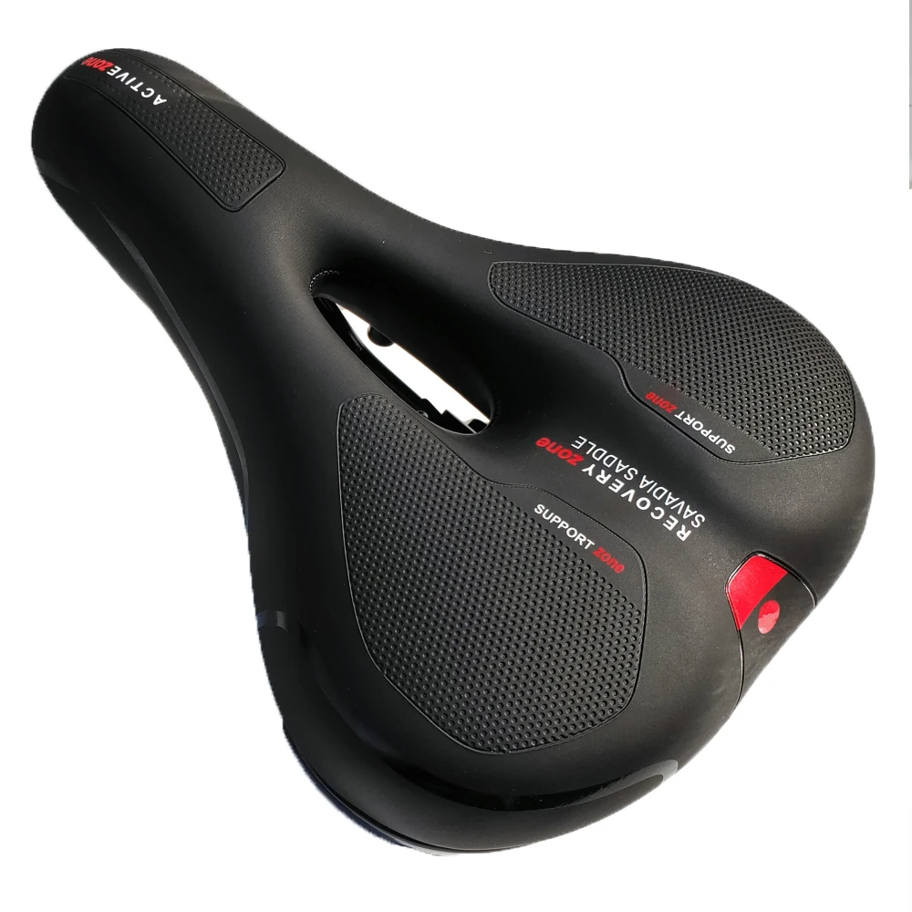 

Comfortable Bicycle Saddle with Integrated 5-Zone-Concept and Memory Foam for Trekking Bikes, Black and red